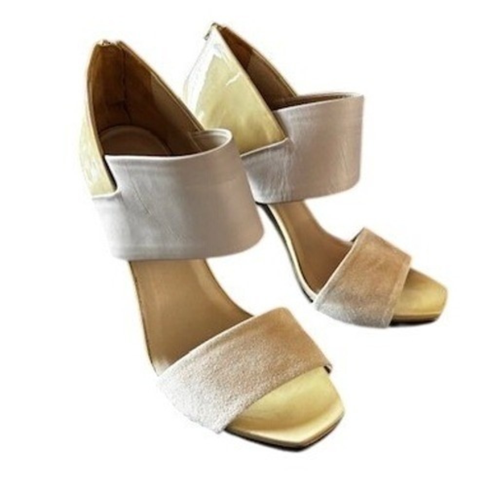 GUCCI Women Size 39 / 9 Cream Beige Suede Patent Leather Block Heel Sandals‎